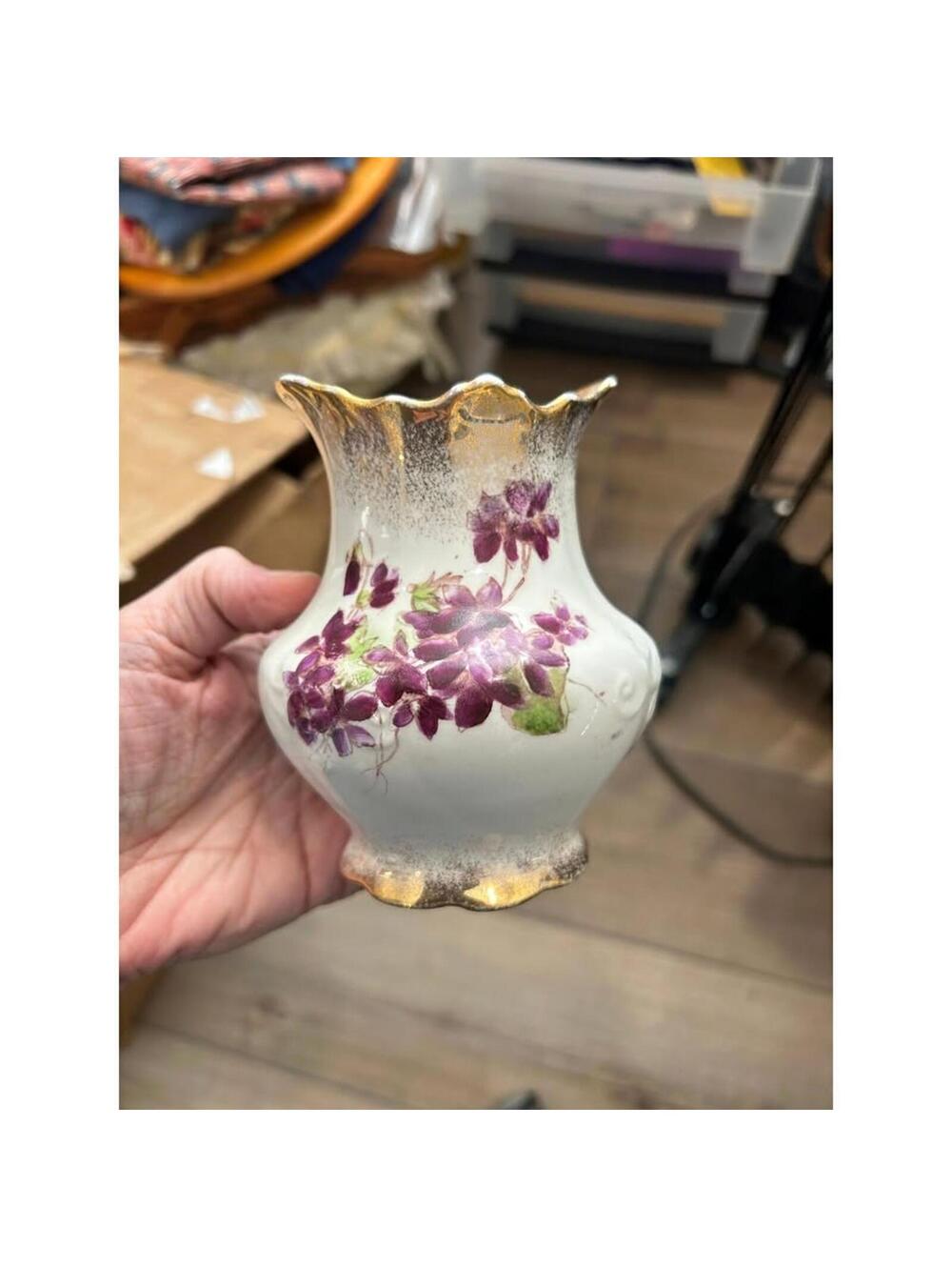 Homer Laughlin purple floral vase with gold trim violets